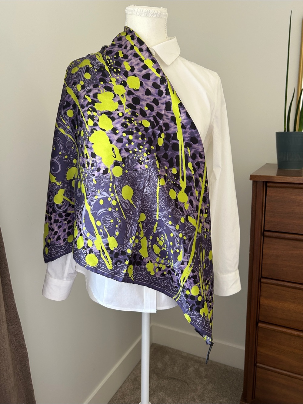 Versace silk scarf, purple and green paint splatter pattern